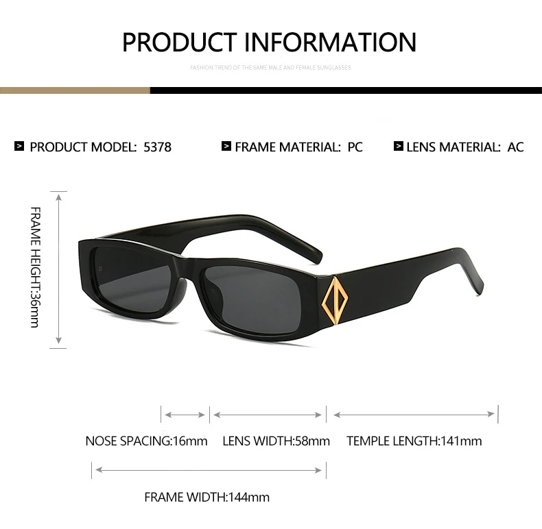 Neue schmale quadratische Sonnenbrille im modischen Stil, PC-Material, goldene Logo-Dekoration, trendiger Streetstyle, Unisex-Sonnenbrille 5378 – Detail 7