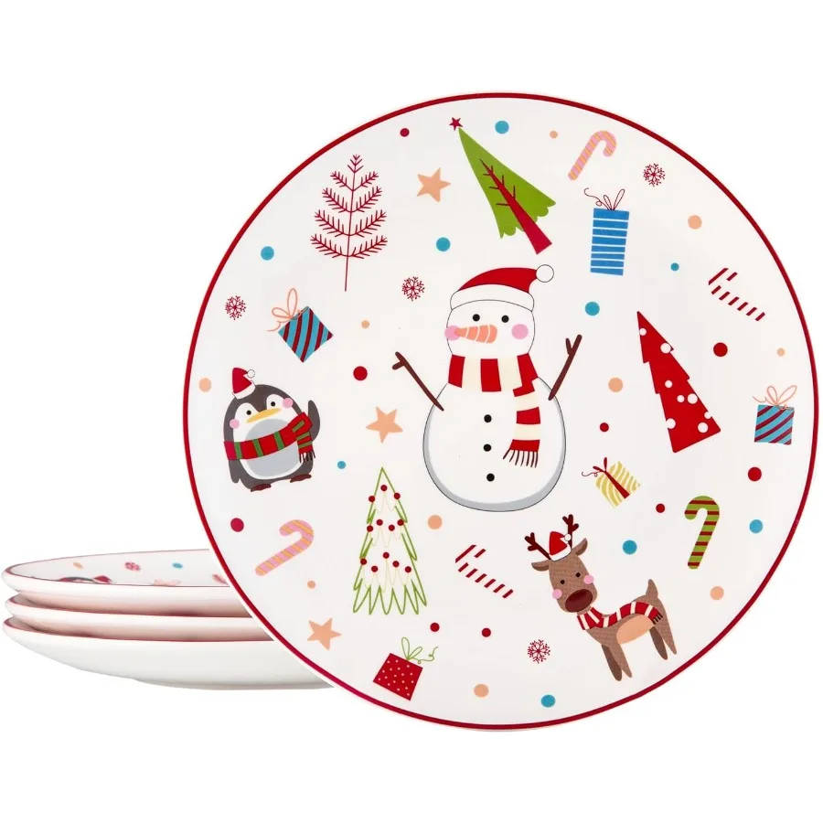 

Керамические праздничные тарелки для салата Merry Crew размером 8,75 дюйма, набор из 4 шт. для салата, закусок, микроволновой печи и можно мыть в посудомоечной машине Sc