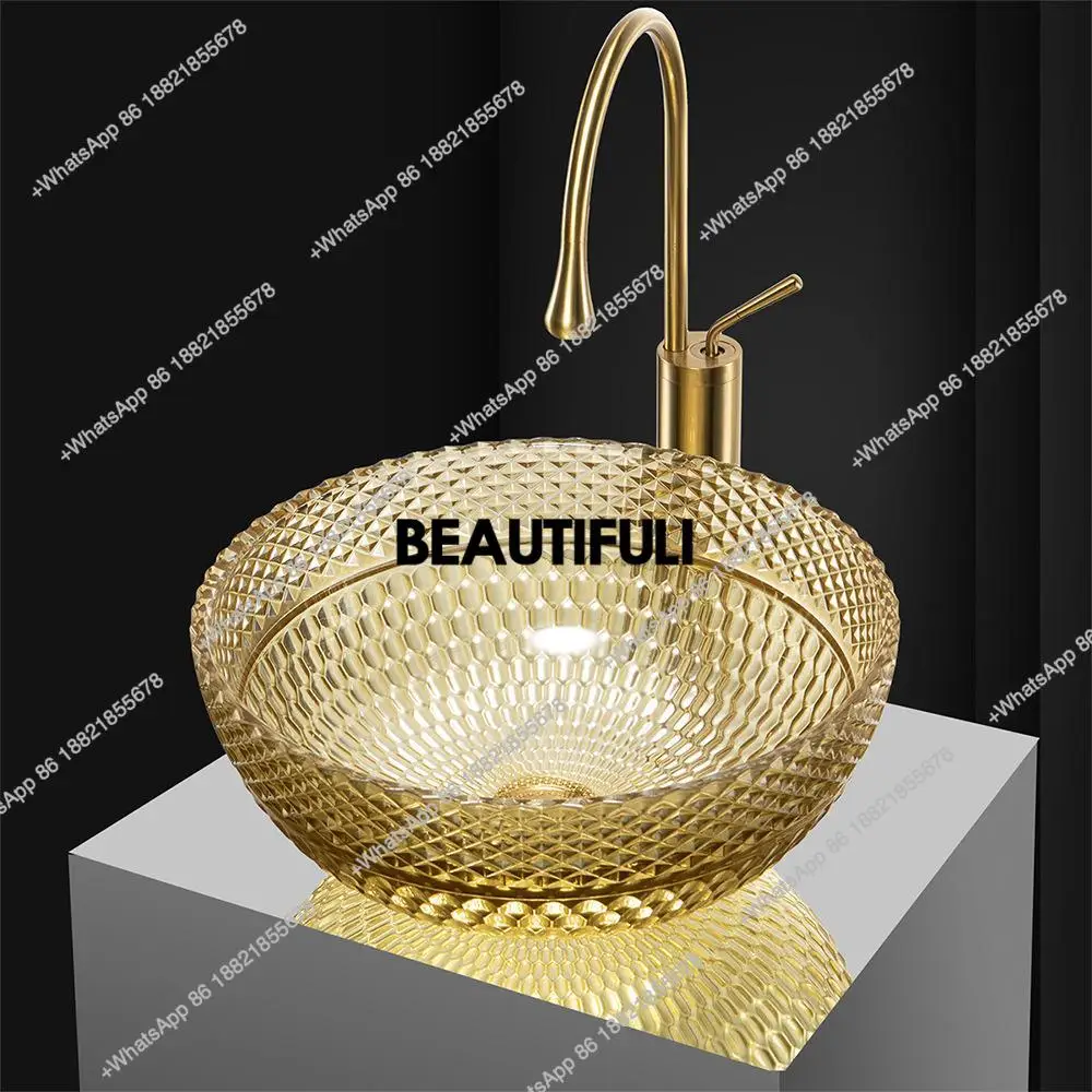 Nordic style glass washbasin, light luxury round countertop basin, creative honeycomb grid patterned washbasin