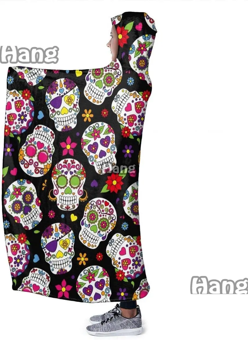 Sugar Skull Hoodie Blanket Wearable Throw Blankets for Couch Blanket Hooded for Baby Kids Men Women