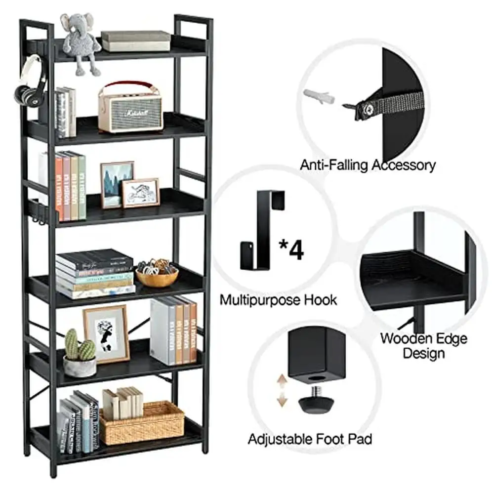 Vintage Industrial Bookcase with 6-Tier Shelves Wooden and Metal Frame Edge Protection Storage Hooks Space Saving Retro Style