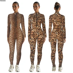 Women Leopard Print One Piece Workout Jumpsuits Mock Neck Long Sleeve Zip Up Zip Up Romper Sexy Night Out Club Party Outfits