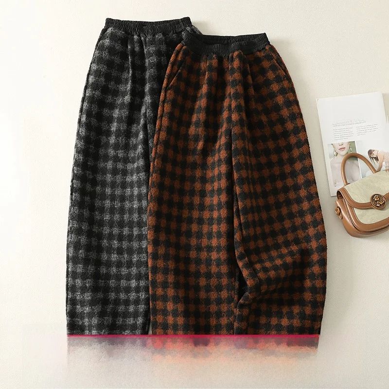 الرجعية منقوشة بنطال ذو قصة أرجل واسعة حجم كبير عادية تسع نقاط Thiened المرأة الهتاف مستقيم أنبوب بنطلون الخريف الشتاء القطن