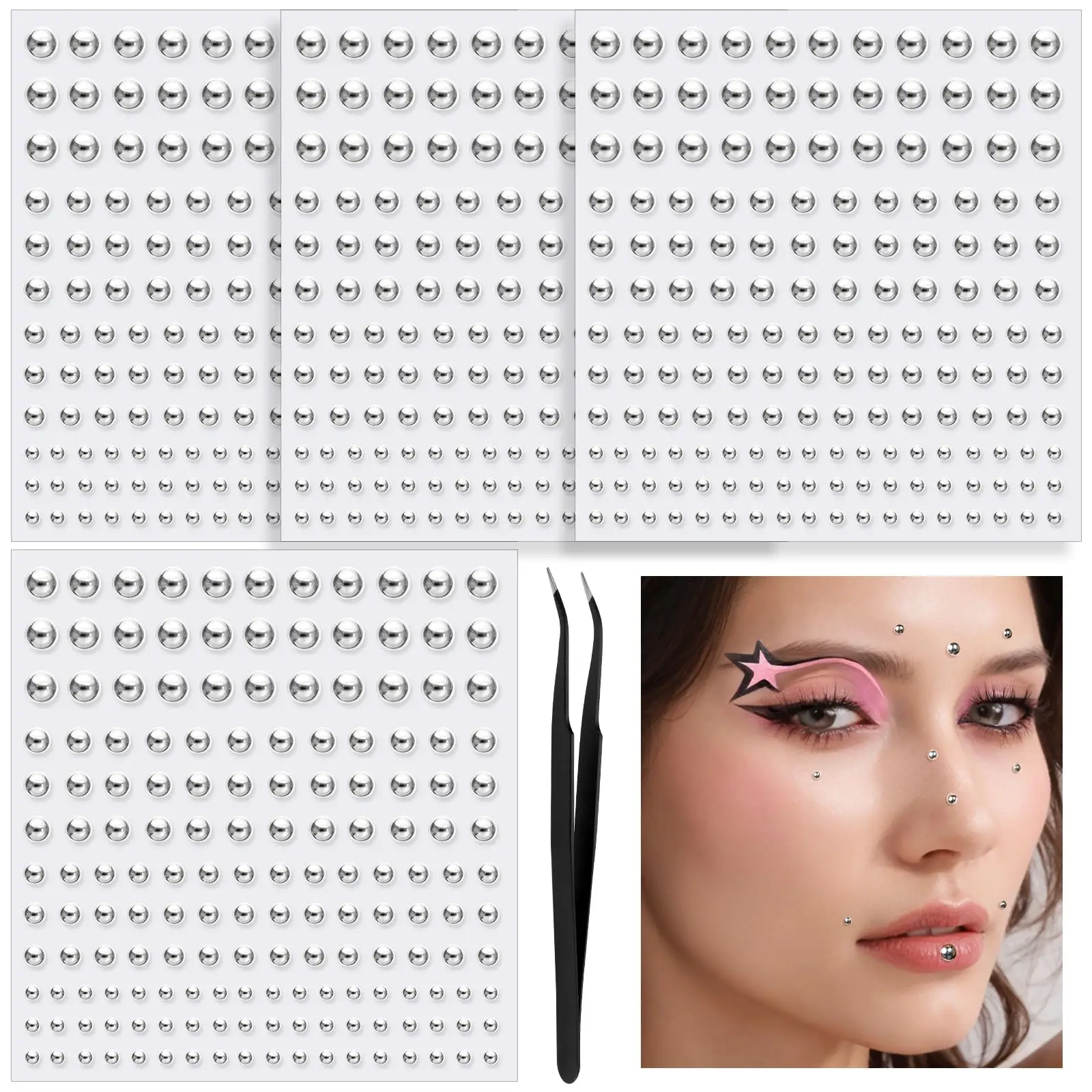 Self‑Adhesive Face Gem Stickers Heart Rhinestone Silver Dome Bead Ornaments with Tweezers for Halloween Party Makeup