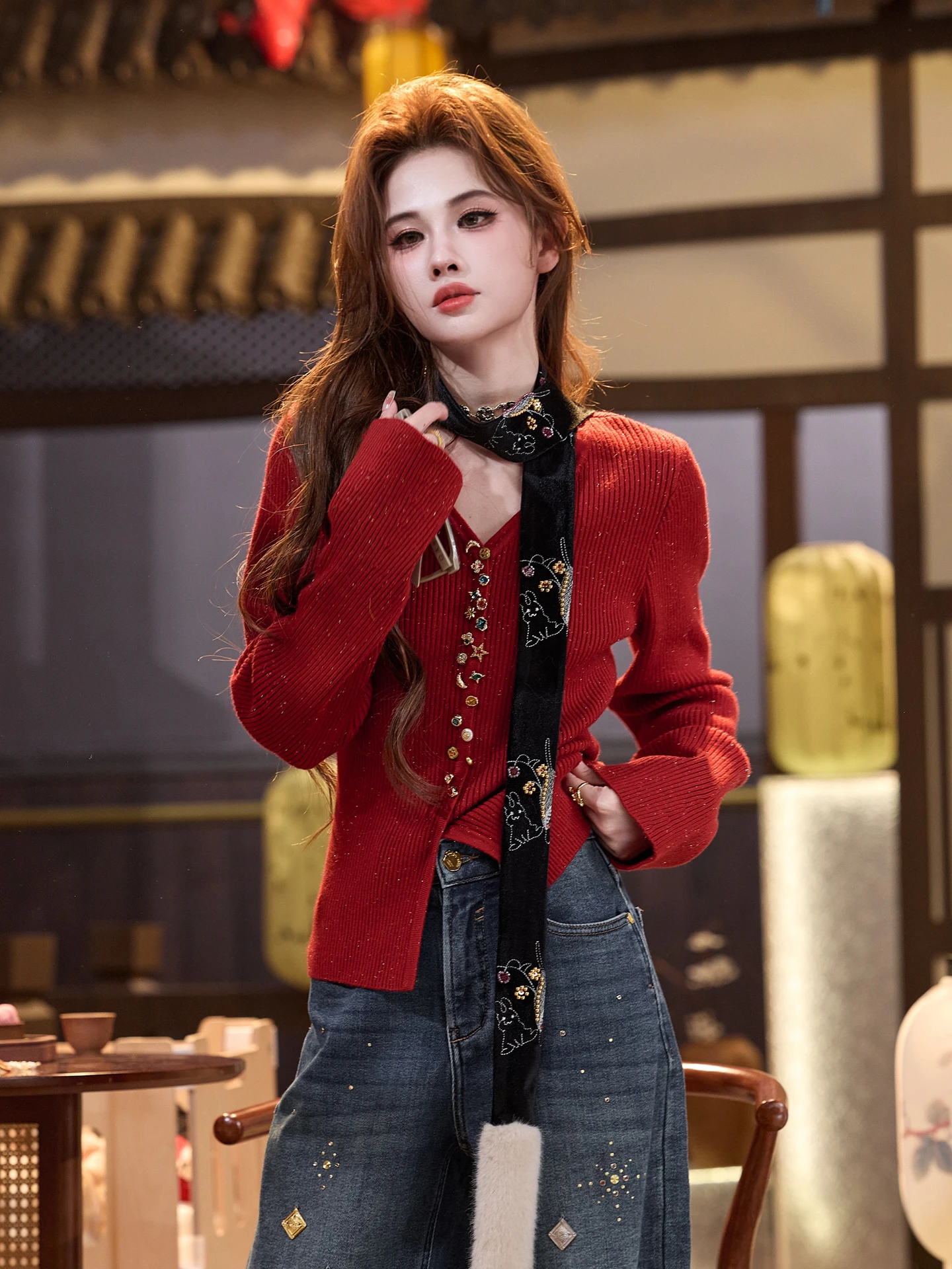 

TUNT Autumn Winter Knitted Sweater V-Ne Hand Sewn Gemstones Luy Fi Design Premium Quali Women's Faion