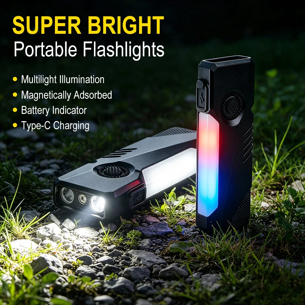 BORUiT Portable LED Flashlight 450LM RGB 365nm UV Torch Type-C Rechargeable Flashlight Magnetic Work Light Camping Fishing Torch