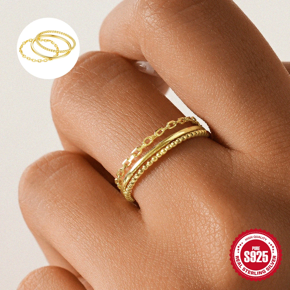 

ROXI 925 Sterling Silver Three Piece Rings Set For Women 17.5mm Personalized Design Style Smooth/Twists/Chain Ring Party Jewelry