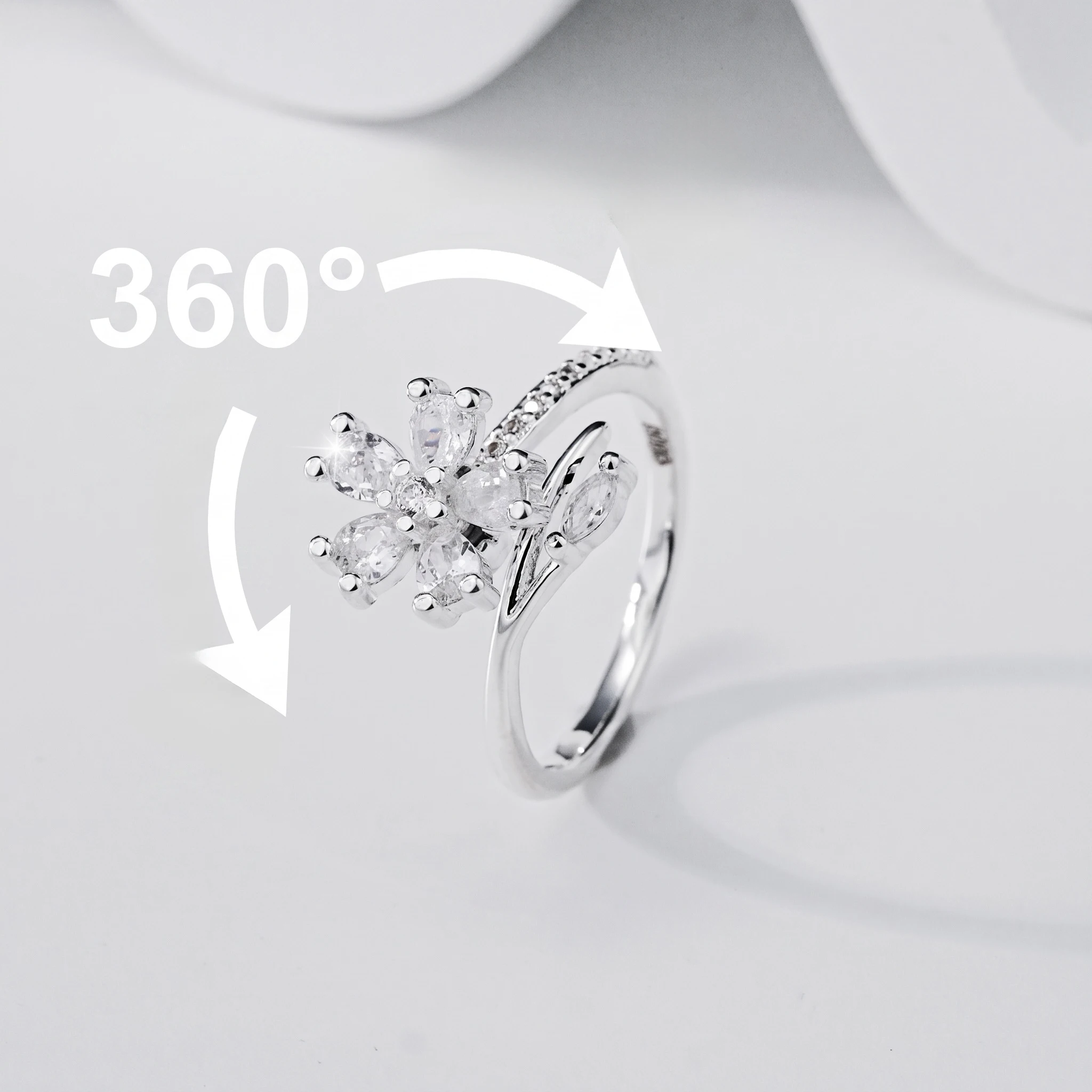 Moissanite Flower Spinner Ring 925 Sterling Silver Platinum Plated Rotating Fidget Anxiety Pear Cut Teardrop Wedding Rings Women