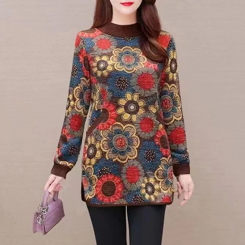 Winter Middle Aged Women Fashion Retro Floral Print Fleece Thick Sweatshirts Ladies Casual Long Sleeve Loose Pullover Tunic Tops