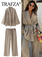 TRAFZA Women Loose Wide Leg Pant Set Fashion Lapel V Neck Long Sleeve Thin Blazer Coat With Belt 2024 Summer Ladies Solid Suit