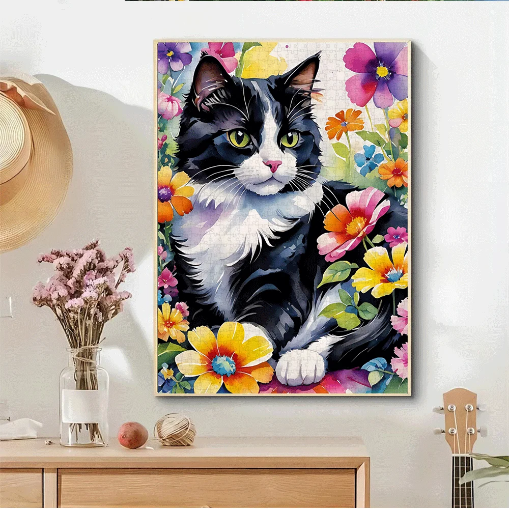 Puzzle dla dorosłych z motywem kota akwarelowego wśród kolorowych kwiatów, gra intelektualna, zabawka dekoracyjna do domu i na czas wolny.
