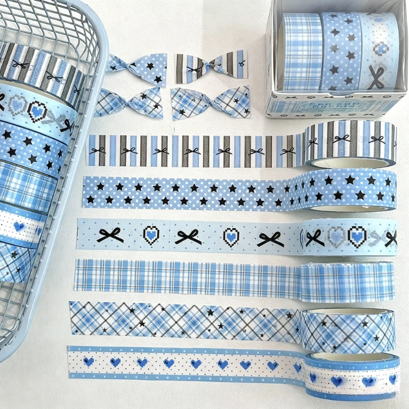3/6Pcs Blue Bow Washi Tape Cute Cartoon Creative Star DIY Journal Collage Decorative Tape School Stationery