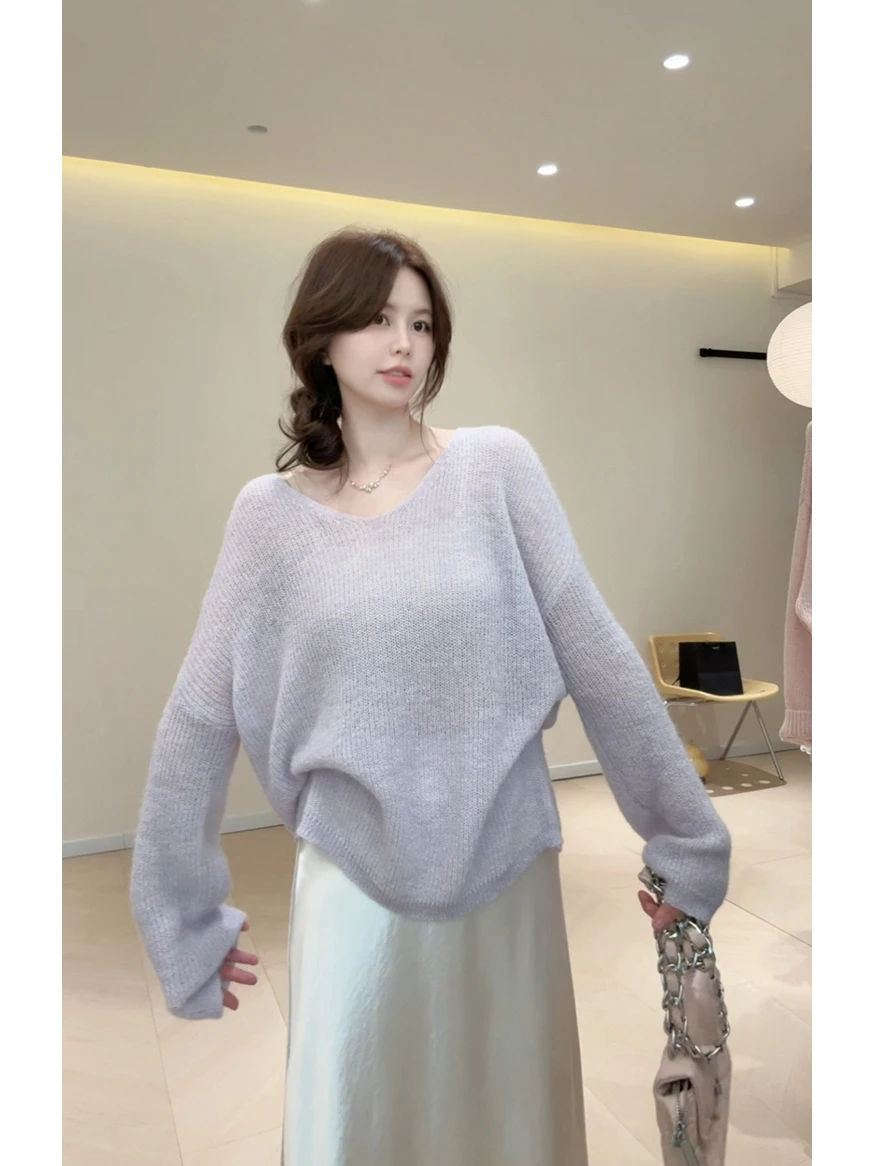 

KA Paper Man большой вязаный свитер с v-образным вырезом, тонкий прозрачный женский весенний модный мягкий другой материал 00% повседневная одежда