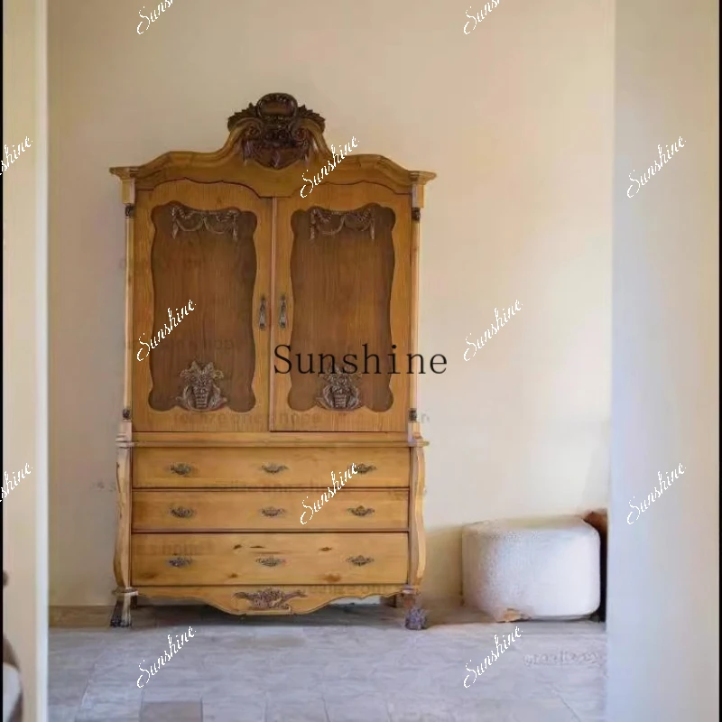 American retro old solid wood hand-carved double door storage B & B studio decorative wardrobe  FT