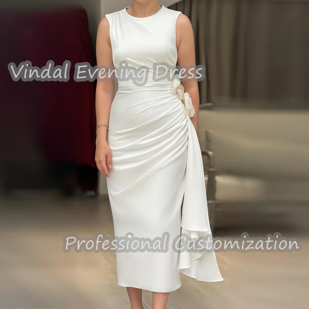 

Vindal Prom Dress Straight O-Neck Tea Length luxurious Satin Ruffle Built-in Bra Elegant Sexy Sleeveless Saudi For Woman 2024