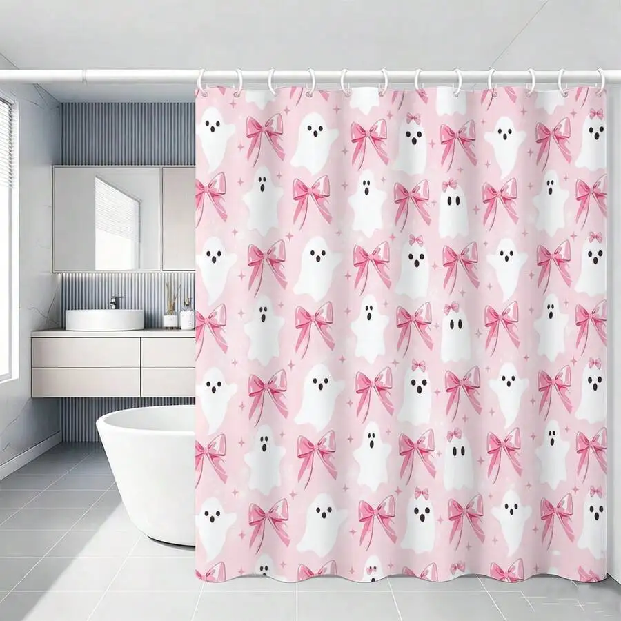 1pc Pink Bow Ghost Halloween Shower Curtain -, Bathroom Curtain -, Decorative Shower Curtain, Bathroom Accessories Home Decor Gift - Includes 12 Hooks