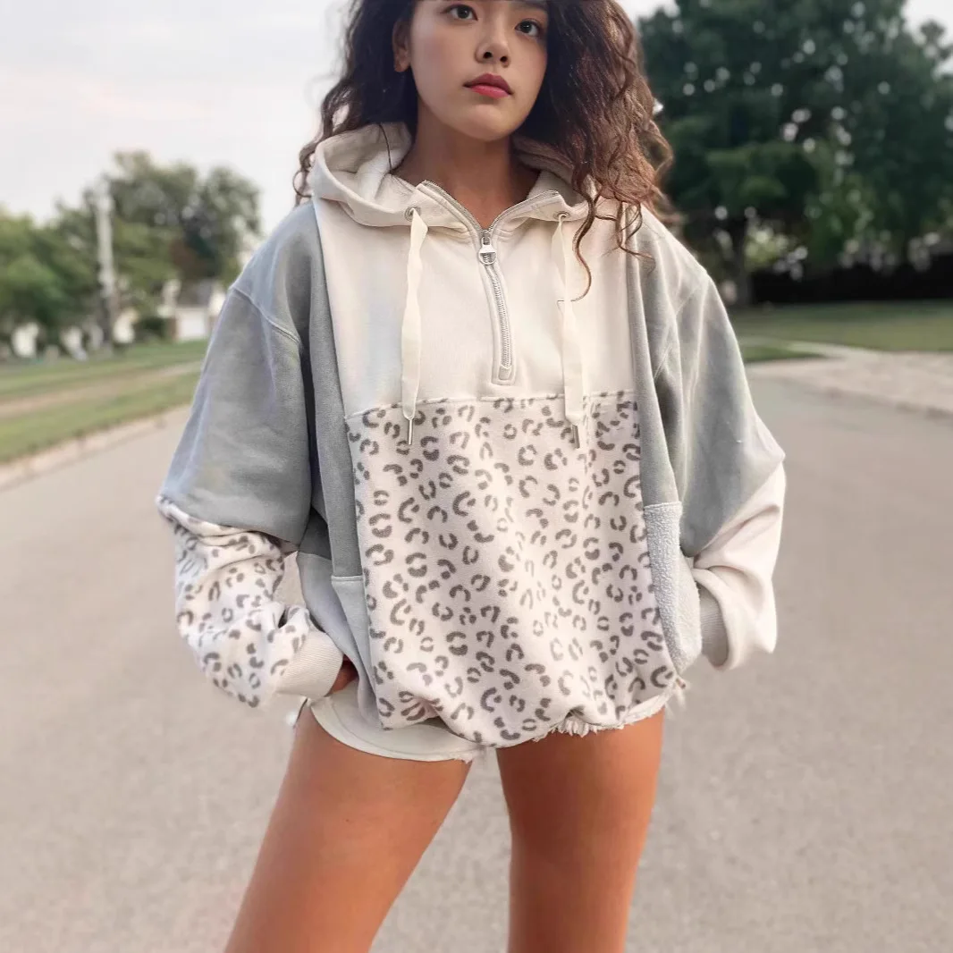 2025 Autumn New Fashion Loose Zipper Women's Hooded Casual Top Thickened Commuter Leopard Print Spliced Sweatshirt Streetwear