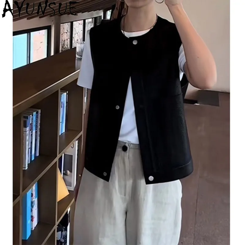 

AYUNSUE Sheepskin Women's Jackets and Vests Solid Sleeveless Tops for Woman Lychee-patterned Jacket Woman Clothes Ropa Mujer