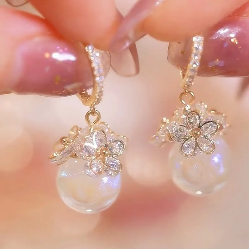 Elegant Zircon & Faux Pearl Dangle Earrings – Golden Flower Luxury Gift for Special Occasions  ,Anniversary Party Gifts Jewelry