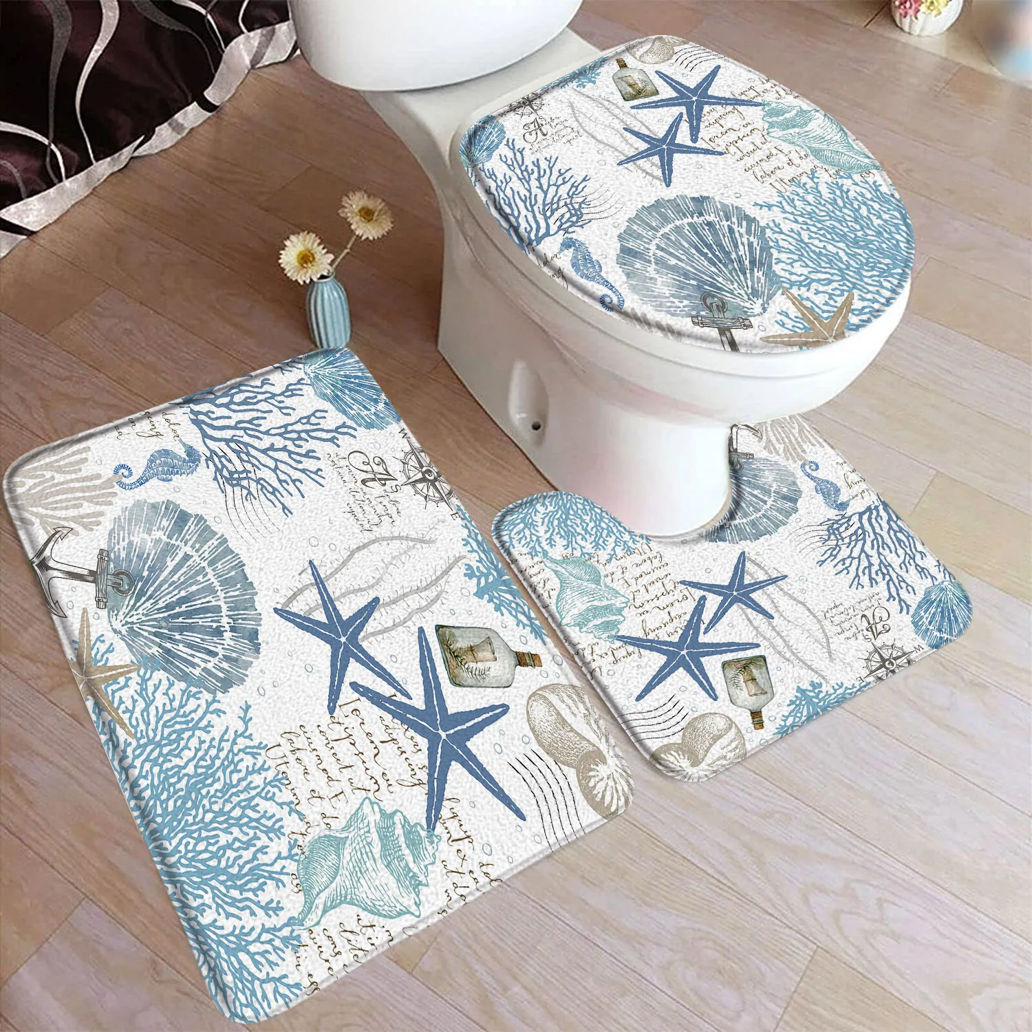 Blue Starfish Bath Mat Set Shell Conch Seahorse Coral Vintage Nautical Home Carpet Bathroom Decor Floor Rugs U-Mats Toilet Cover