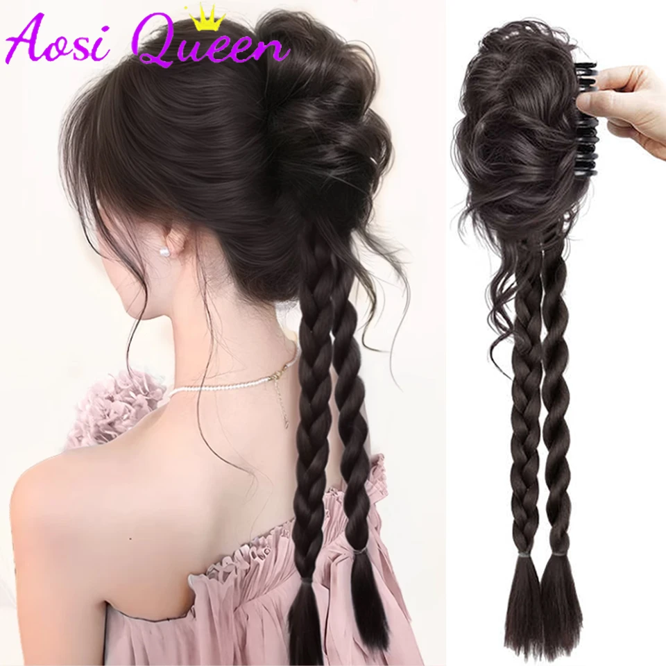 

22 inches Long Straight Synthetic Bud Head Fluffy Braided Half-tied High Ponytail Claw Clip Braid Wig Suitable For Women's Daily