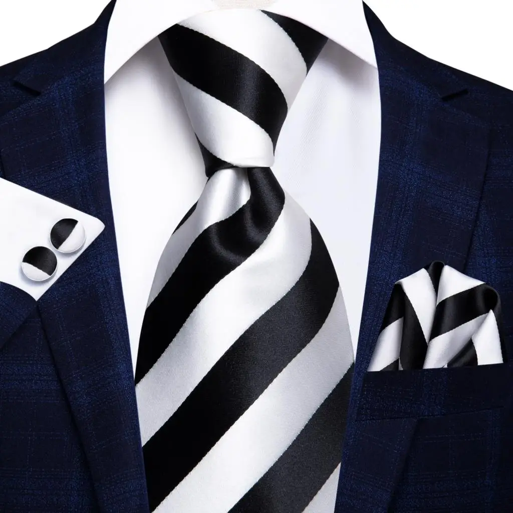 Hi-Tie White Striped 63inch Men Extra Long Ties for Men Woven Classic 160cm Mens Necktie Pocket Square Set Cufflinks