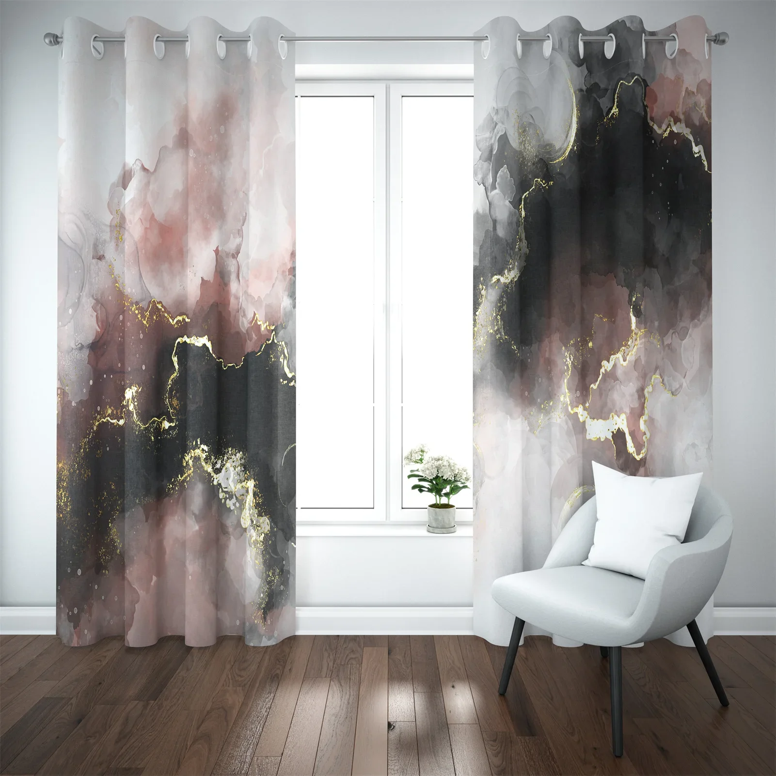 3D Modern Pink Gald Marble Abstract Art Design Thin 2 Pieces Light Filtering Curtain for Living Room Bedroom Window Drape Decor