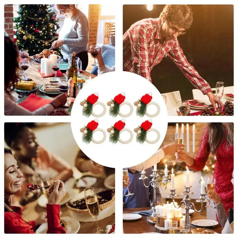 คริสต์มาสแหวนผ้าเช็ดปากชุดอาหารค่ําตกแต่งตารางแหวนผ้าเช็ดปากหมวกคริสต์มาสผ้าพันคอเข็มสนแหวนผ้าเช็ดปากชุด 6 Dining