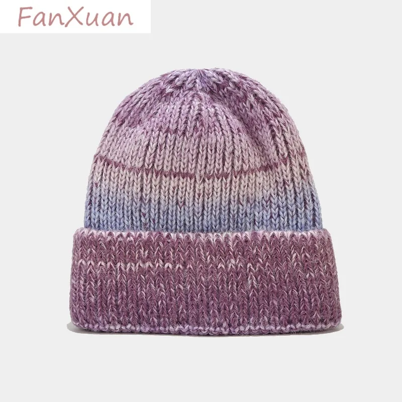 

Color Gradient Knitted Beanies for Women Tie-dyed Winter Hats Female Bonnets for Women Skullies Caps