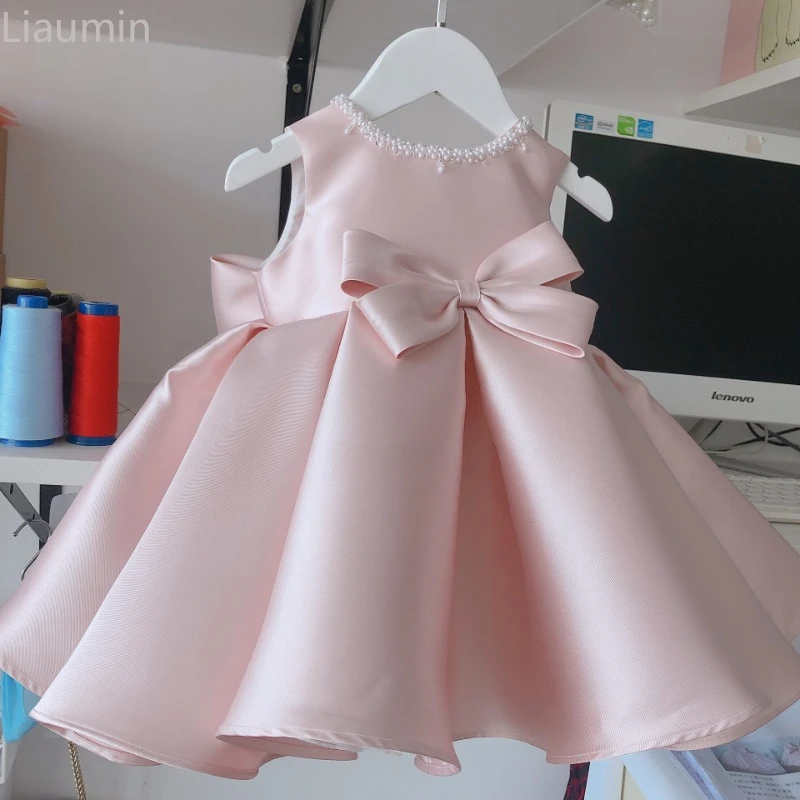 Pink Flower Girl Dress O-Neck Ball Gown Solid Color Sleeveless Beading With Bow Princess Kids Skirt Brithday Hand Made