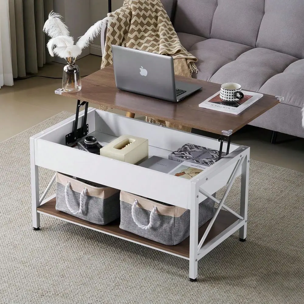 

Lift Top Coffee Table With Free Cloth Storage Bins, White Walnut Framhouse Coffee Tables For Living Room, Small Modern Coffee T