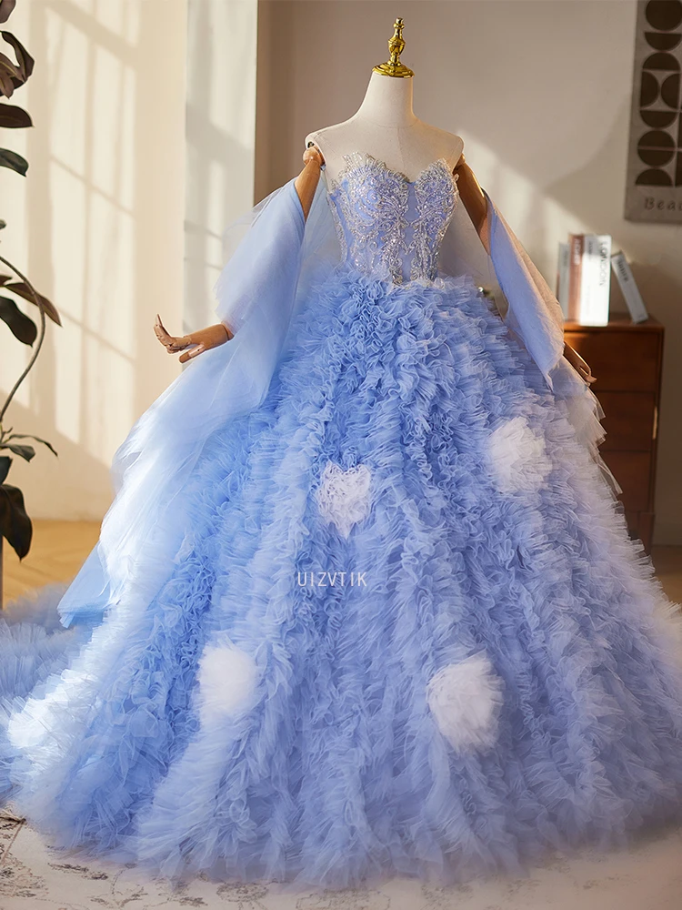 Luxury Strapless Blue Ruffle Ball Gown Elegant Tulle Wedding Photography Dress Customized Party Evening Special Occasions Gown
