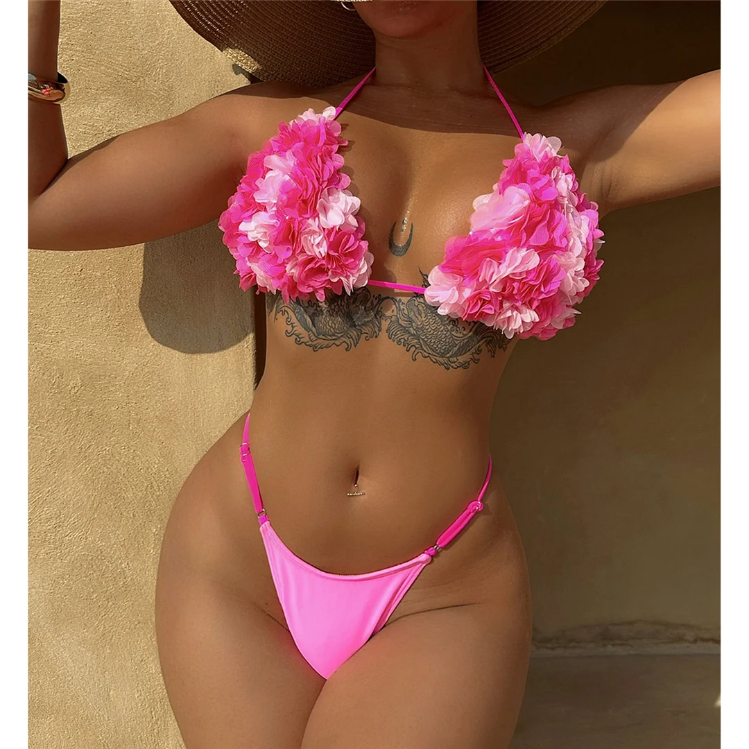 Sexy 3D-Blumen-Neckholder-Bikini mit hohem Beinausschnitt, Damen-Badeanzug, zweiteiliges Bikini-Set, Badebekleidung, Badeanzug, Modell V5386 – Detail 7
