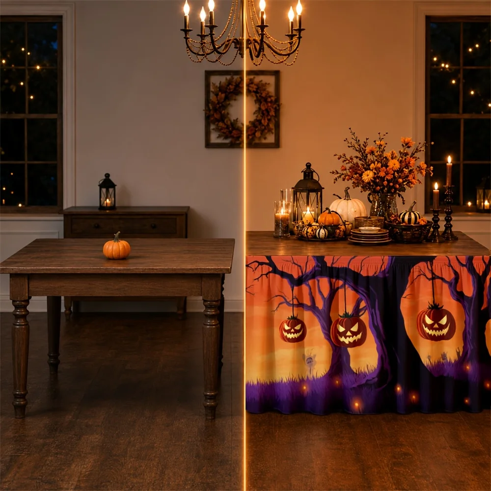 /tableskirt Halloween pumpkin forest orange purple twilight spooky glowingzyc