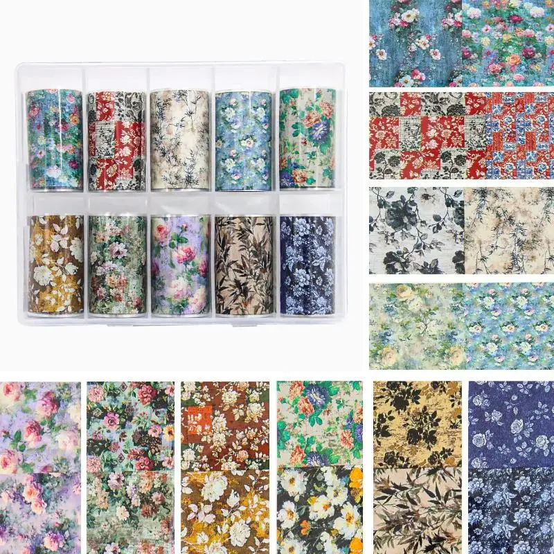 Nail Foils 10 Rolls Oil Painting Flower Rose Nail Art Transfer Paper for DIY Decorating Professional Salon Use