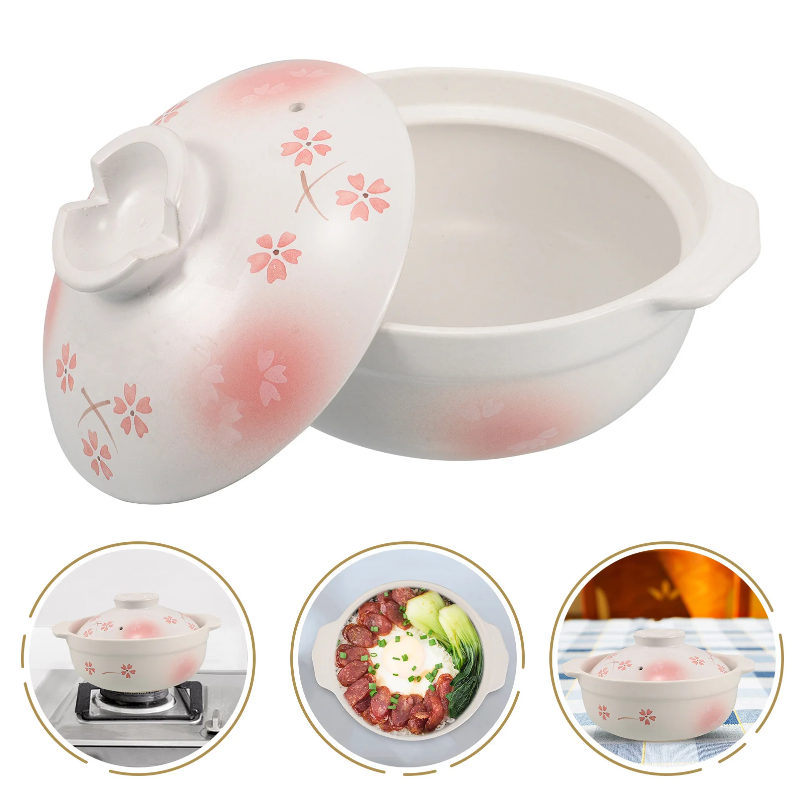 

Japanese Rustic Flower Clay Pot Double Handle Soup Pot Lid High Temperature Resistant for Home Rice Stew Cooking
