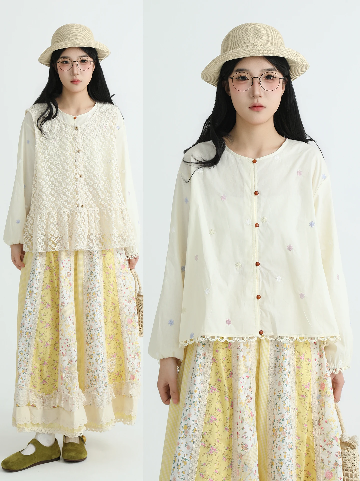 

Boeren round Ne Embroidered irt Women's Spring Forest System Artistic Splicing Lace Slimming Top Cotton Long Sve