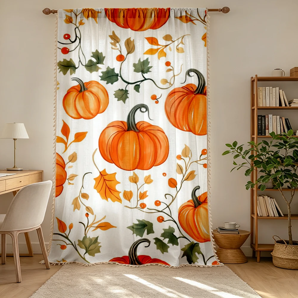 1PC Thanksgiving Fall Tassel Sheer Curtains, Pumpkin Maple Leaf, Digital Print, Linen Polyester, Bedroom Living Room, Home Decor