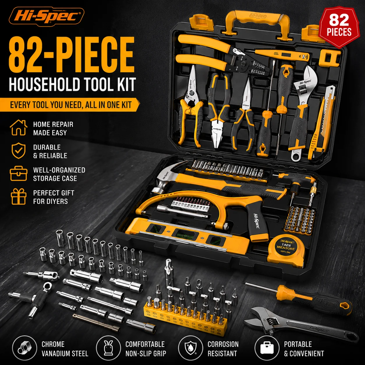 82PCS Household Tool Kit Set, Home Repair Hand Tools Set with Storage Case, DIY Workshop Tool Kit for Men and Home Maintenance