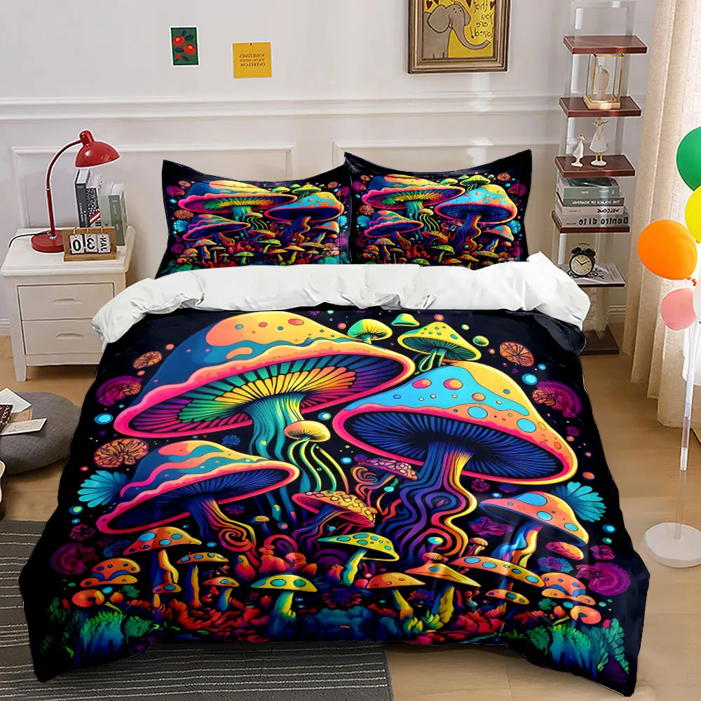 Colorful psychedelic mushroom forest Pattern Duvet Cover Set Digital Print Colorful Polyester Bedding with Zipper Closur gifts