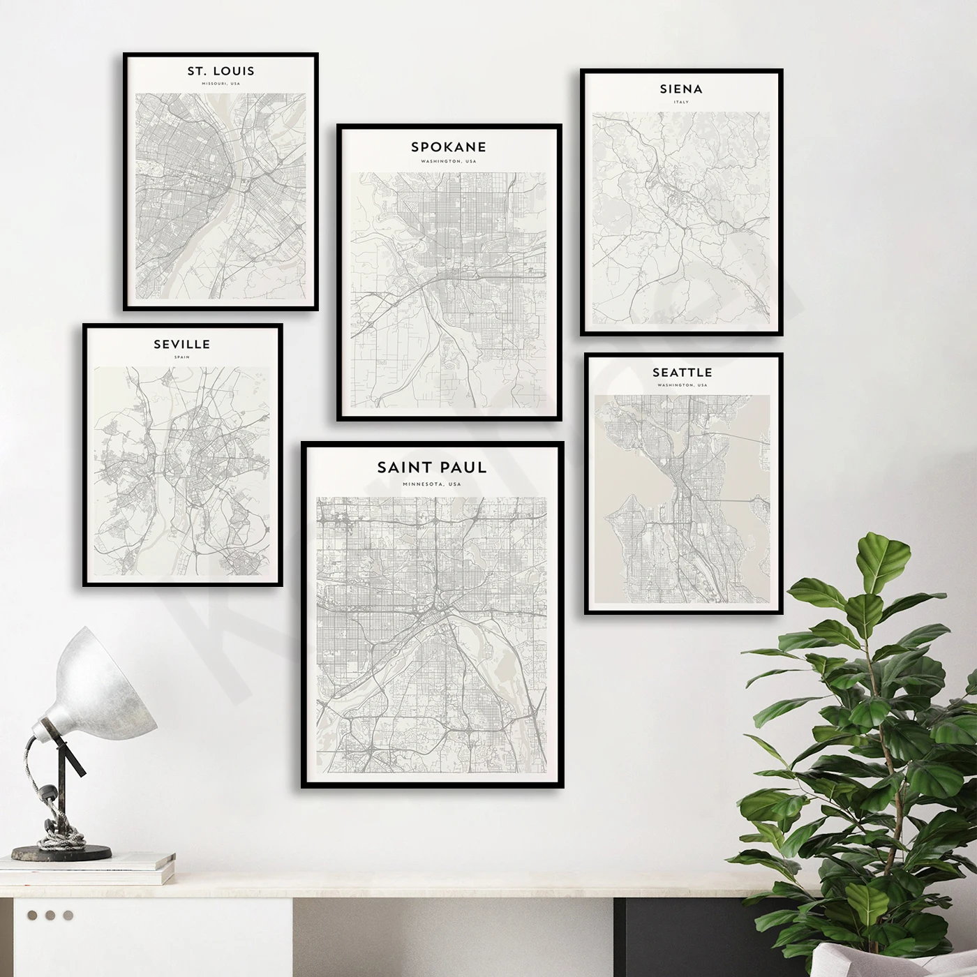 Св. Павла Сент-Луис Спрингфилд Flurinstadt Spokane Sioux Falls Сиена Севилья Сиэтл Скоттсдейл Саванна. Плакат с картой путешествия города