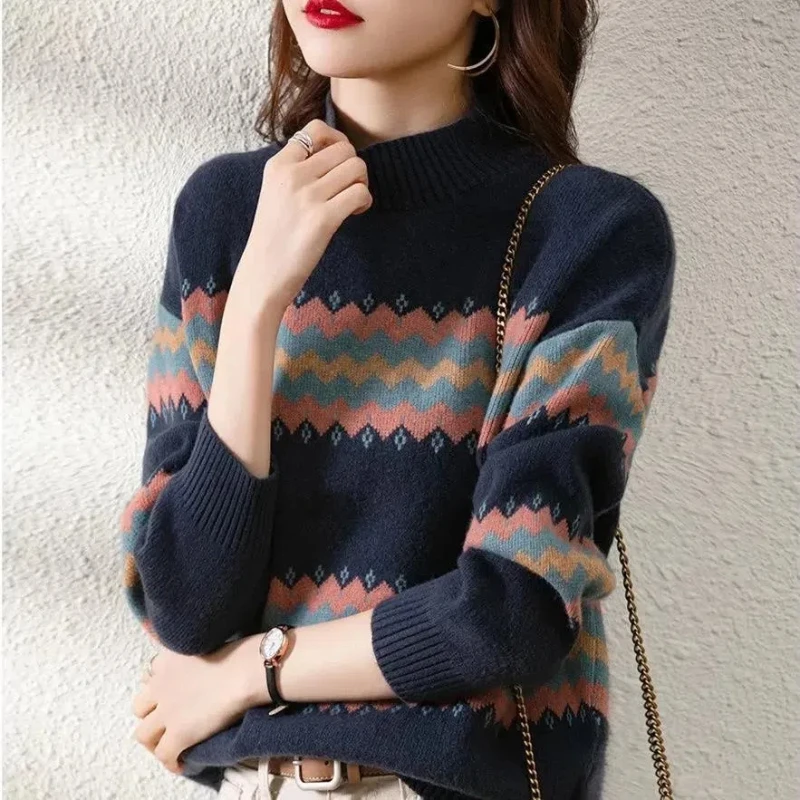 

Korean Striped Sweater Women 2024 Loose New Style Spliced Print Fashion Loose and Versatile Casual Long Sleeved Knitted Tops