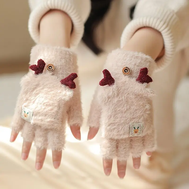 Female Antlers and Velvet Gloves Students and Children Winter Wool Warm and Cold-proof Half-finger Flip Gloves