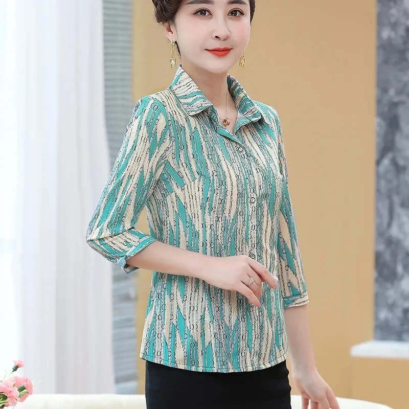 Elegant Middle-aged Women\'s Shirt And Tops Summer New Printed Casual 3/4 Sleeve Elastic Blouse Middle Aged Mother Blusas 5XL