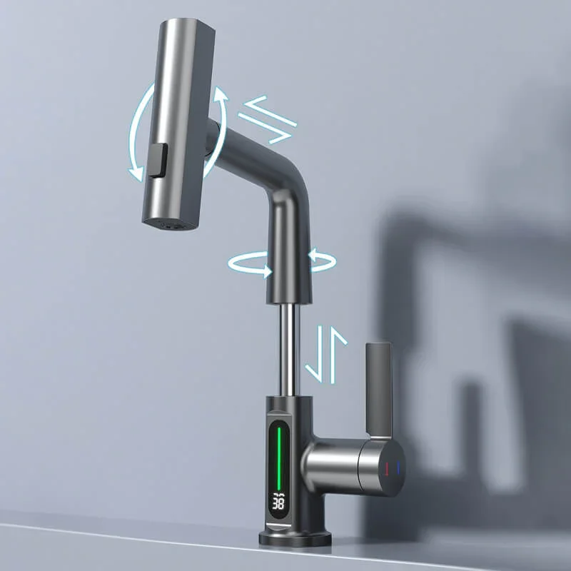 Pulling Lifting Digital Display Faucet Bathroom Smart Temp Tap360 Rotating Faucet 5Sprayer Water Saving HotCold Washbasin Faucet