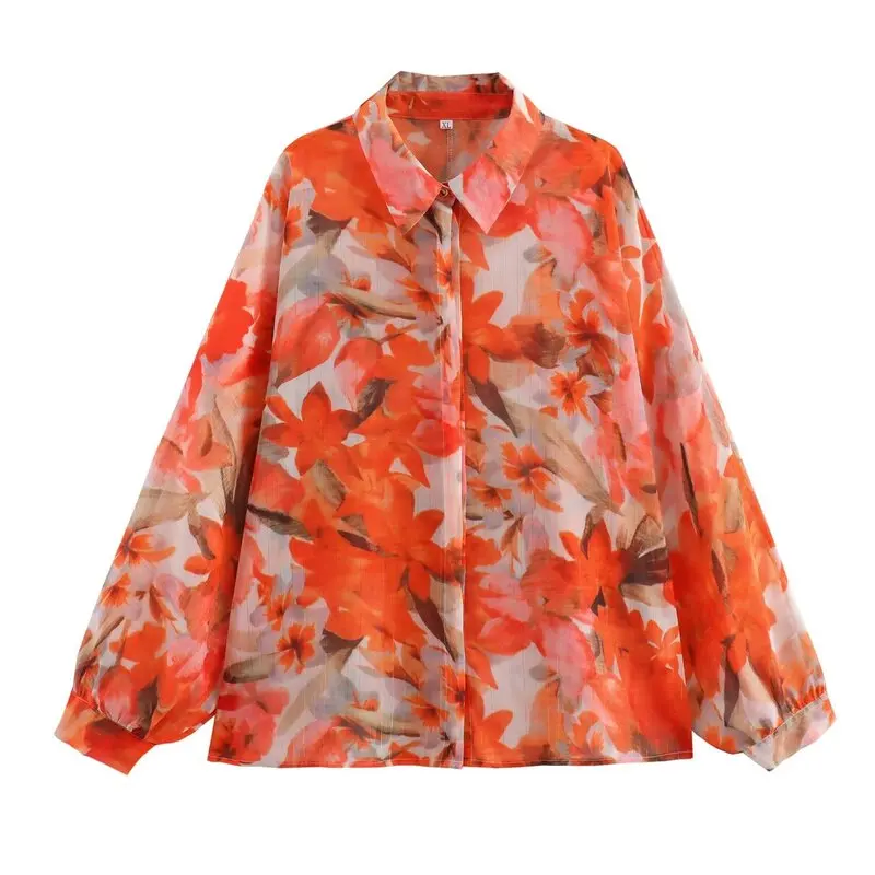 

Summer 2024 Women's Loose Versatile Light Print Vaion Sle Semi-Transparent Long Sve Ladies' irt Faionable All-Match