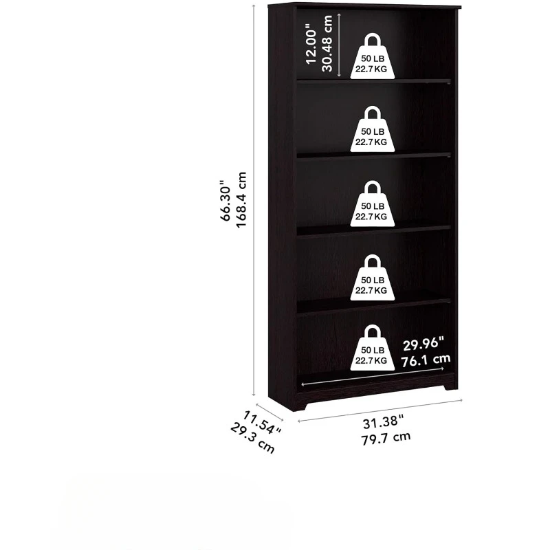 Tall 5 Shelf Bookcase Large Open Bookshelf Sturdy Display Cabinet for Living Room or Home Office Cabot Collection Espresso Oak