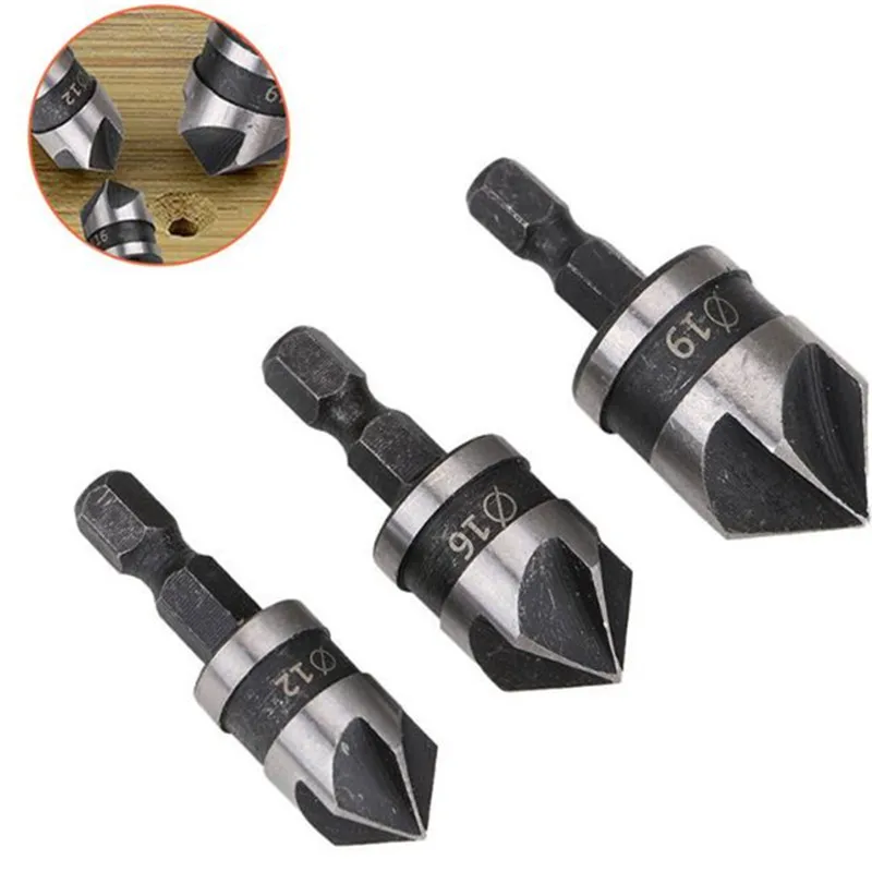 3Pcs 1/4 Hex 5ขลุ่ย Countersink Set Mata Bor 90องศา Deburring เครื่องมือใบเลื่อยตัดไม้โลหะ12/16/19มม.