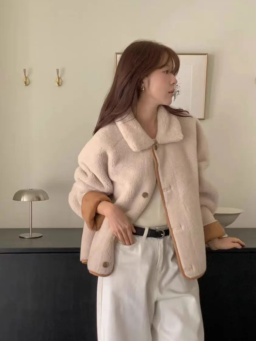 Koreanische Sle Damen Doppelseitige Kleidung Wildleder Jaet 2025 Winter Thiened Lange Sve Warmer Mantel Lose Fit Leder Pelz Inteated