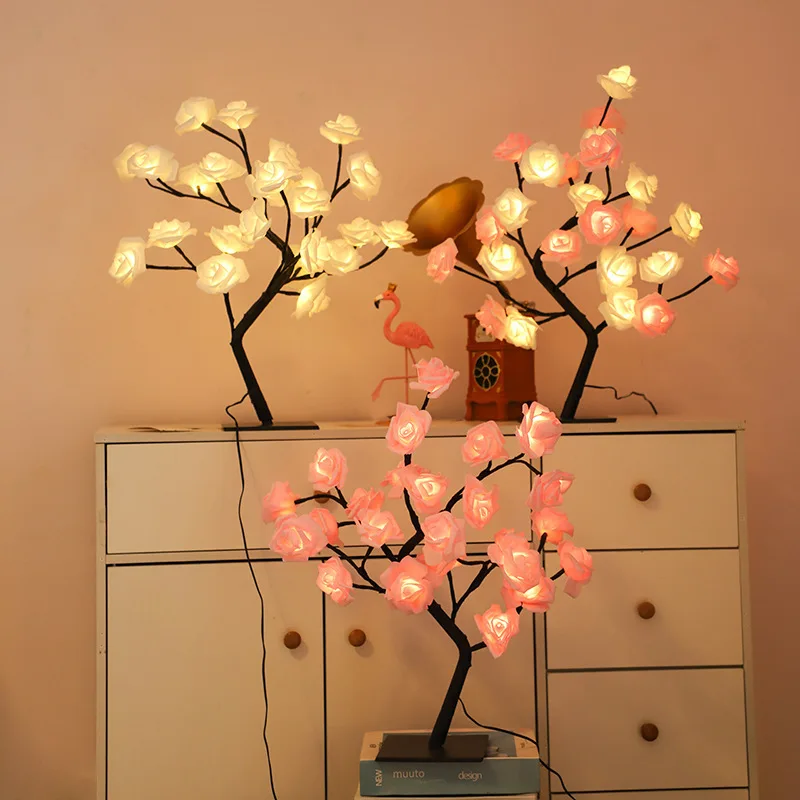 24 LED Red Rose Tree Lights USB Table Lamp Fairy Flower Night Light for Home Party Christmas Wedding Bedroom Decoration Gift